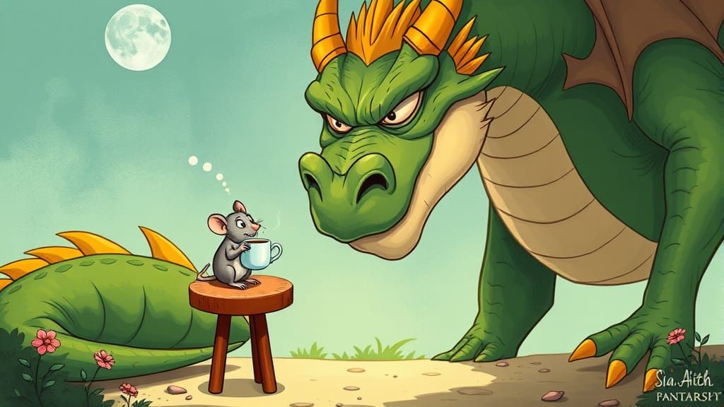 Dragon Embarrassed by Mouse Sipping Tea on its Nose