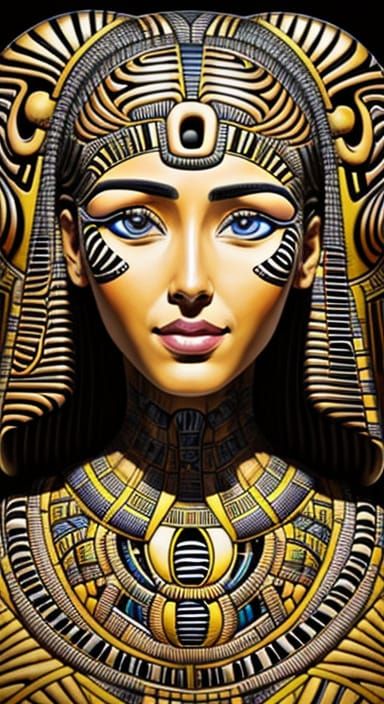 Symmetrical Lady in a Hieroglyphic Zentangle Scene