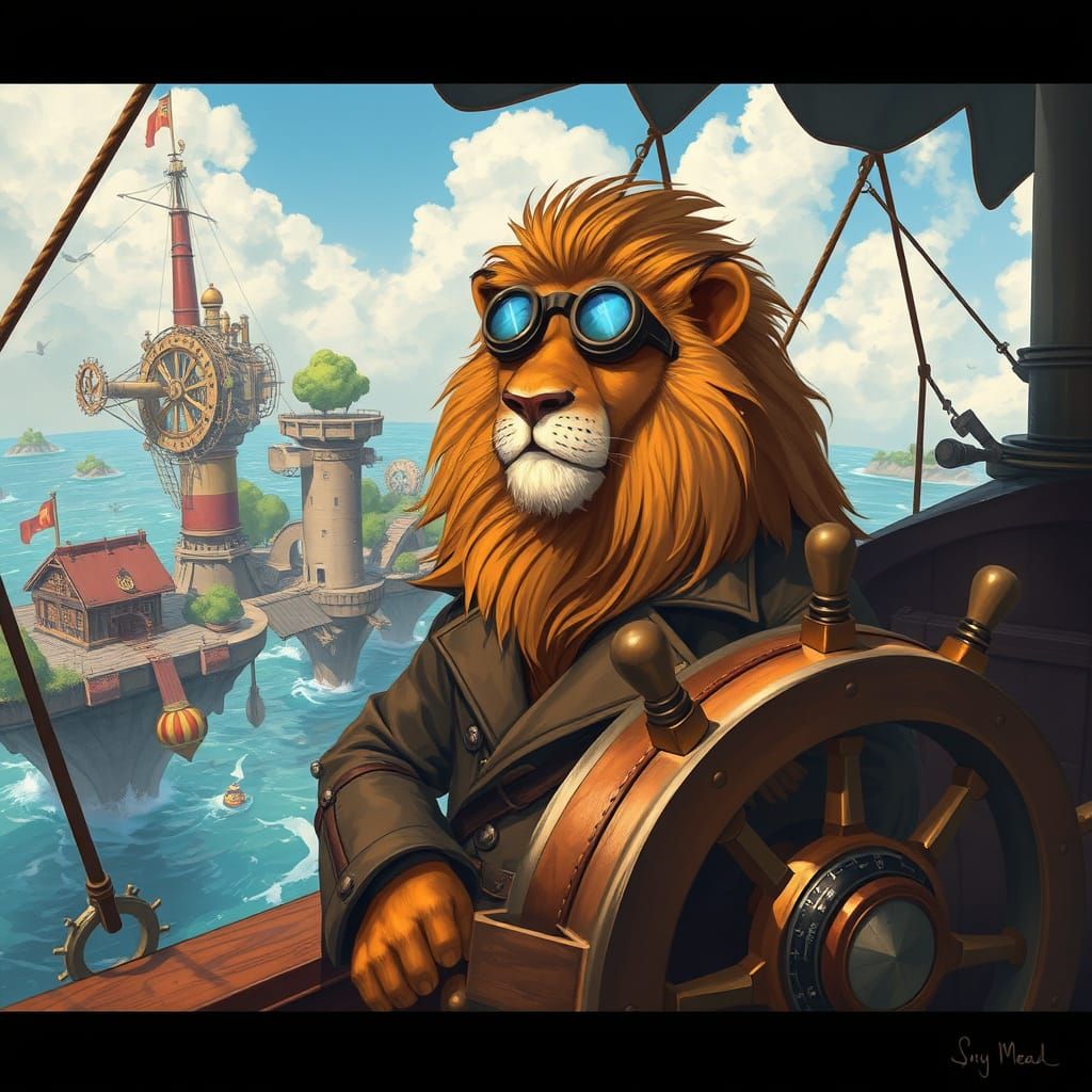 Steampunk Lion Airship Captain Soaring Through Clockwork Ski...