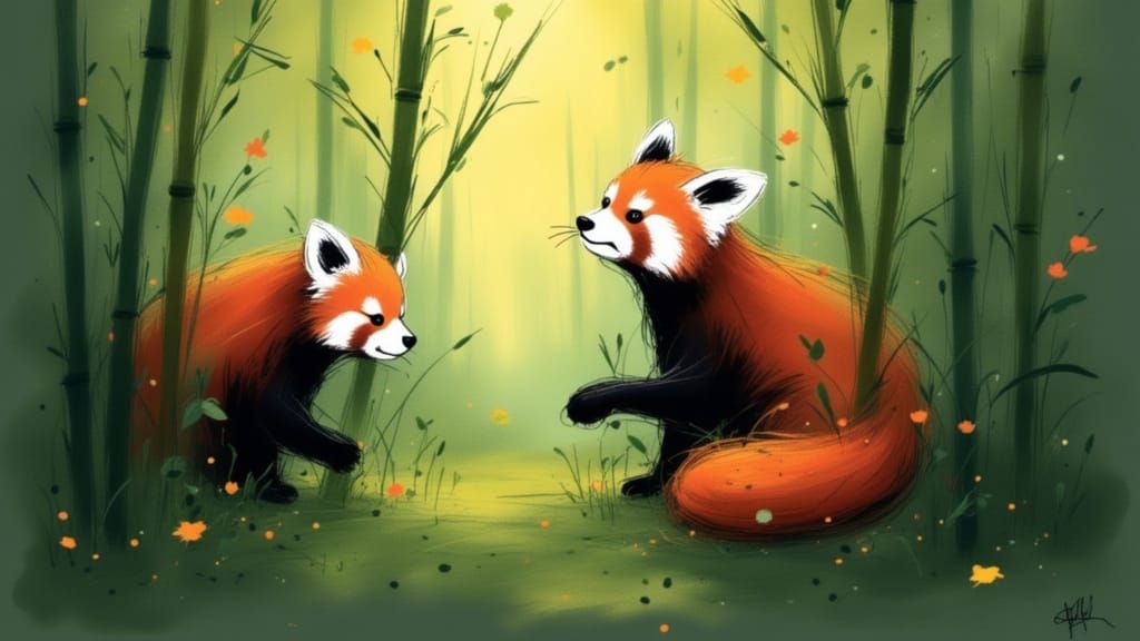 Curious Red Pandas Among Bamboo in Digital Painting Style