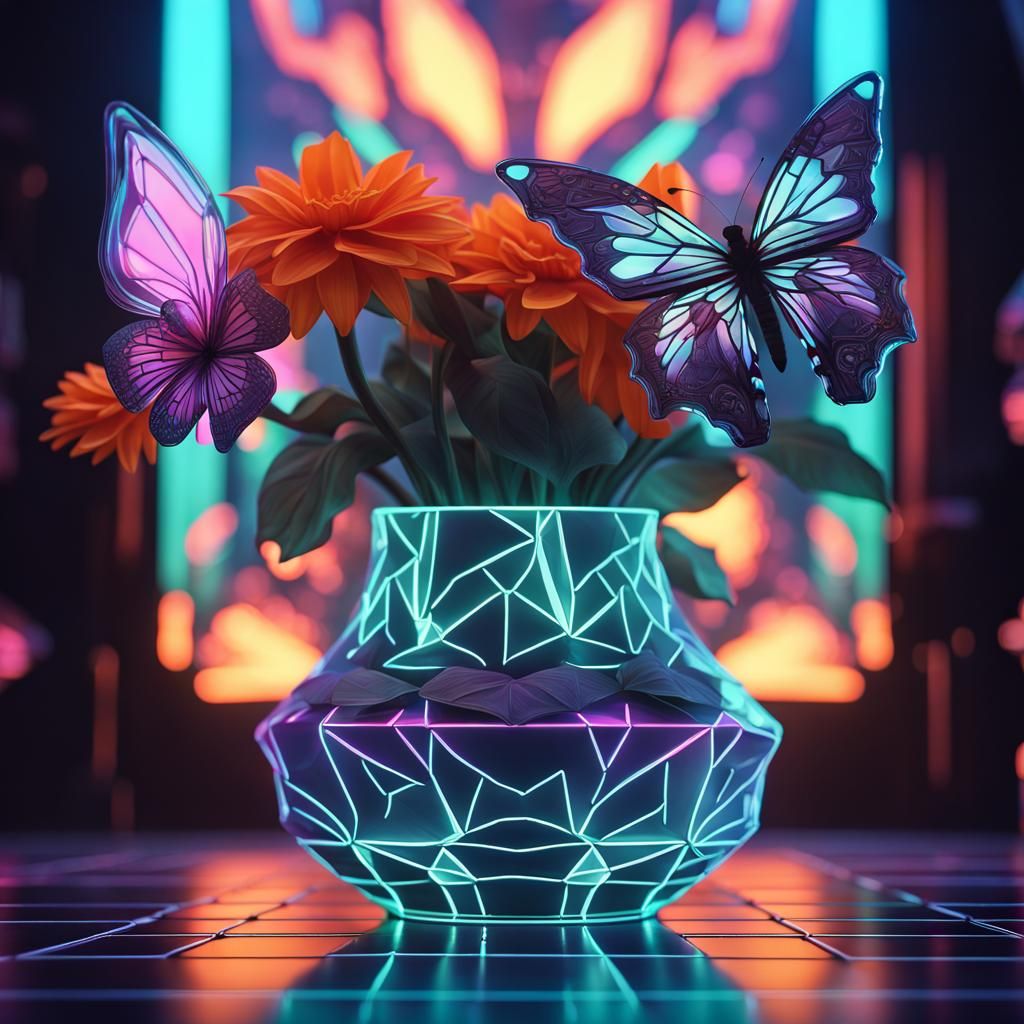 Neon Low Poly Flower Vase in Cyberpunk Style