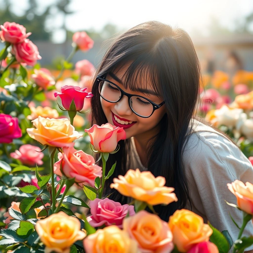 Girl in Rose Garden with Vibrant Blooms and Soft Focus Light