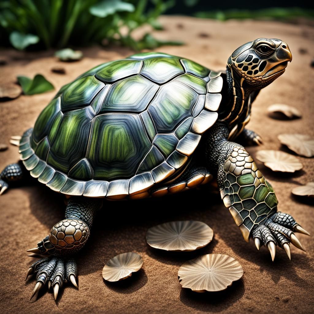 Hyperrealistic Turtle with Metal Shell in HDR