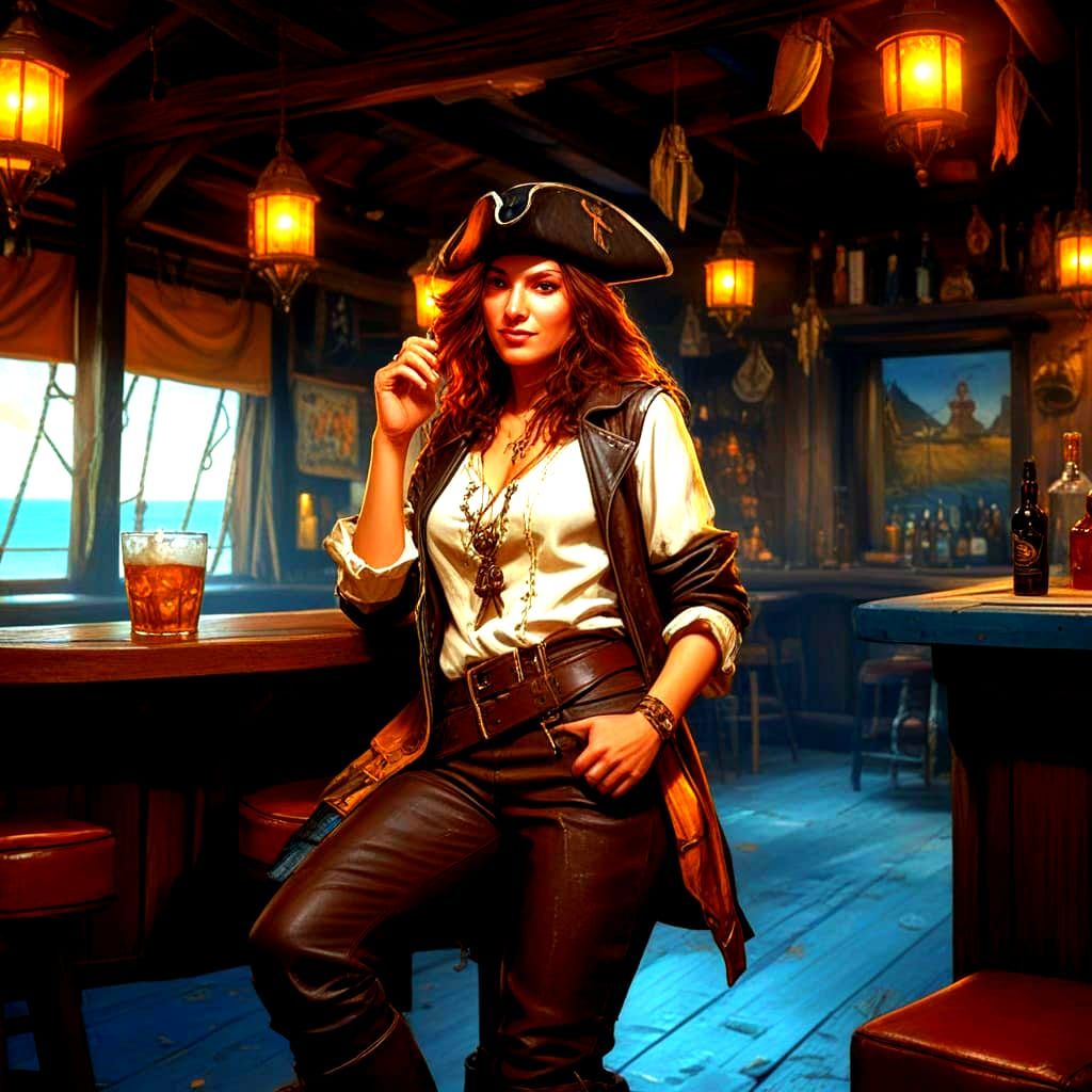 Female Buccaneer Relaxing in Port Tavern