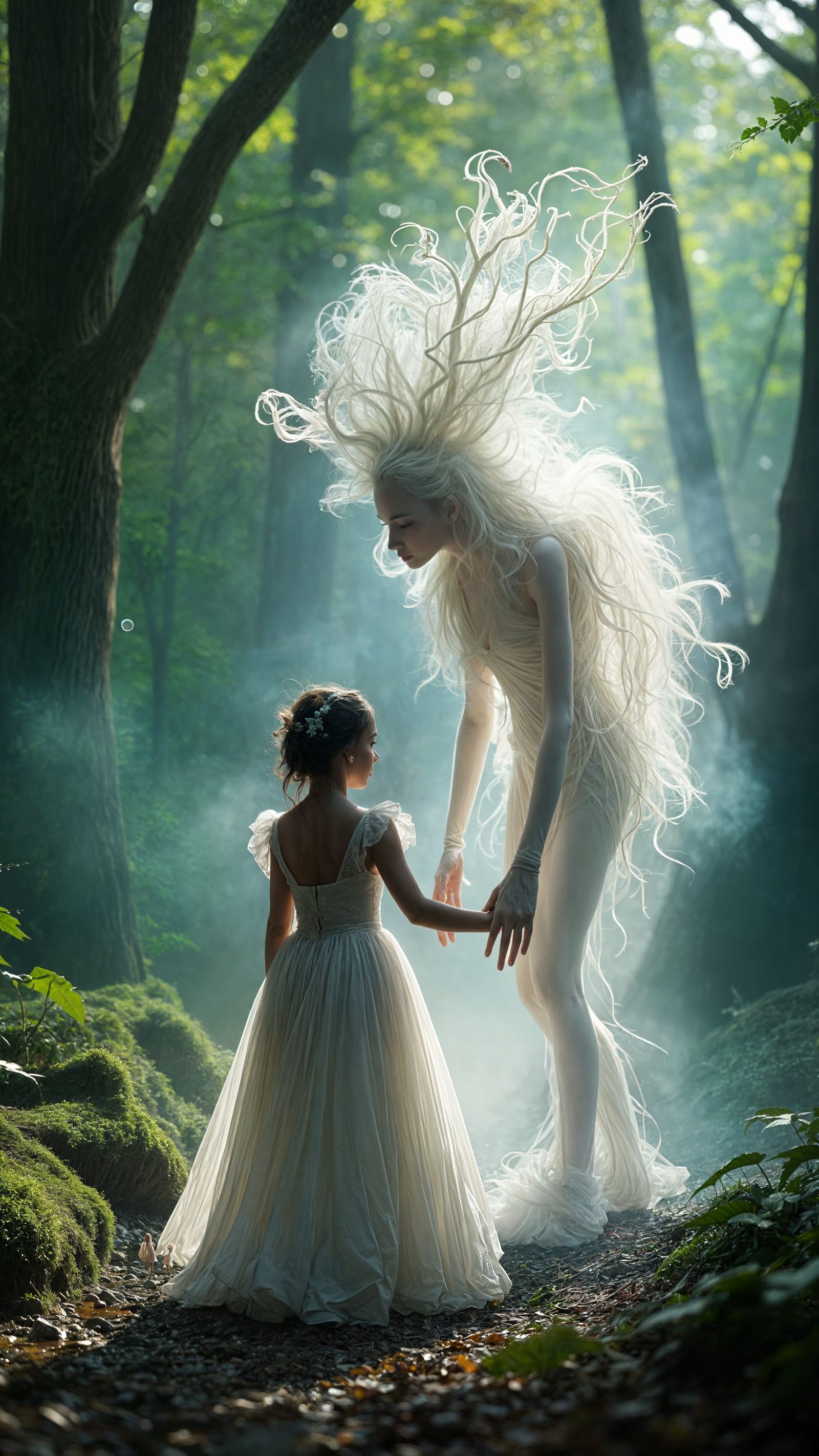 Mysterious Girl and Mist Beast in Dreamy Forest