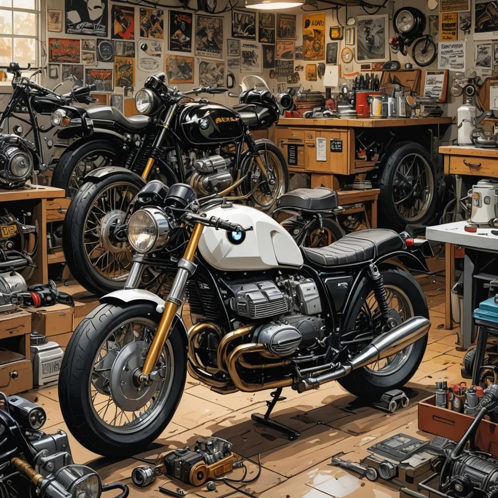 Retro Cafe-Racer BMW Motorcycle in Comic Book Art
