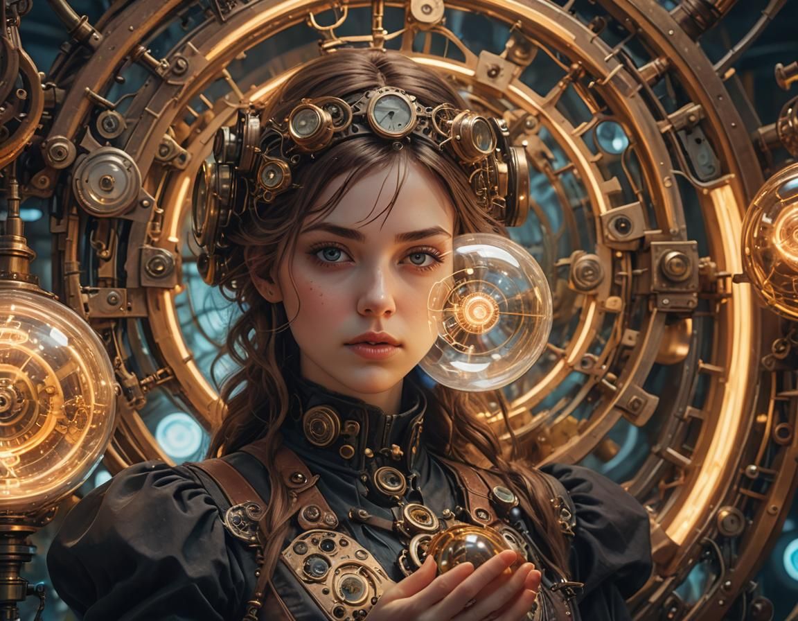Steampunk Woman with Orb: Surreal Digital Portrait