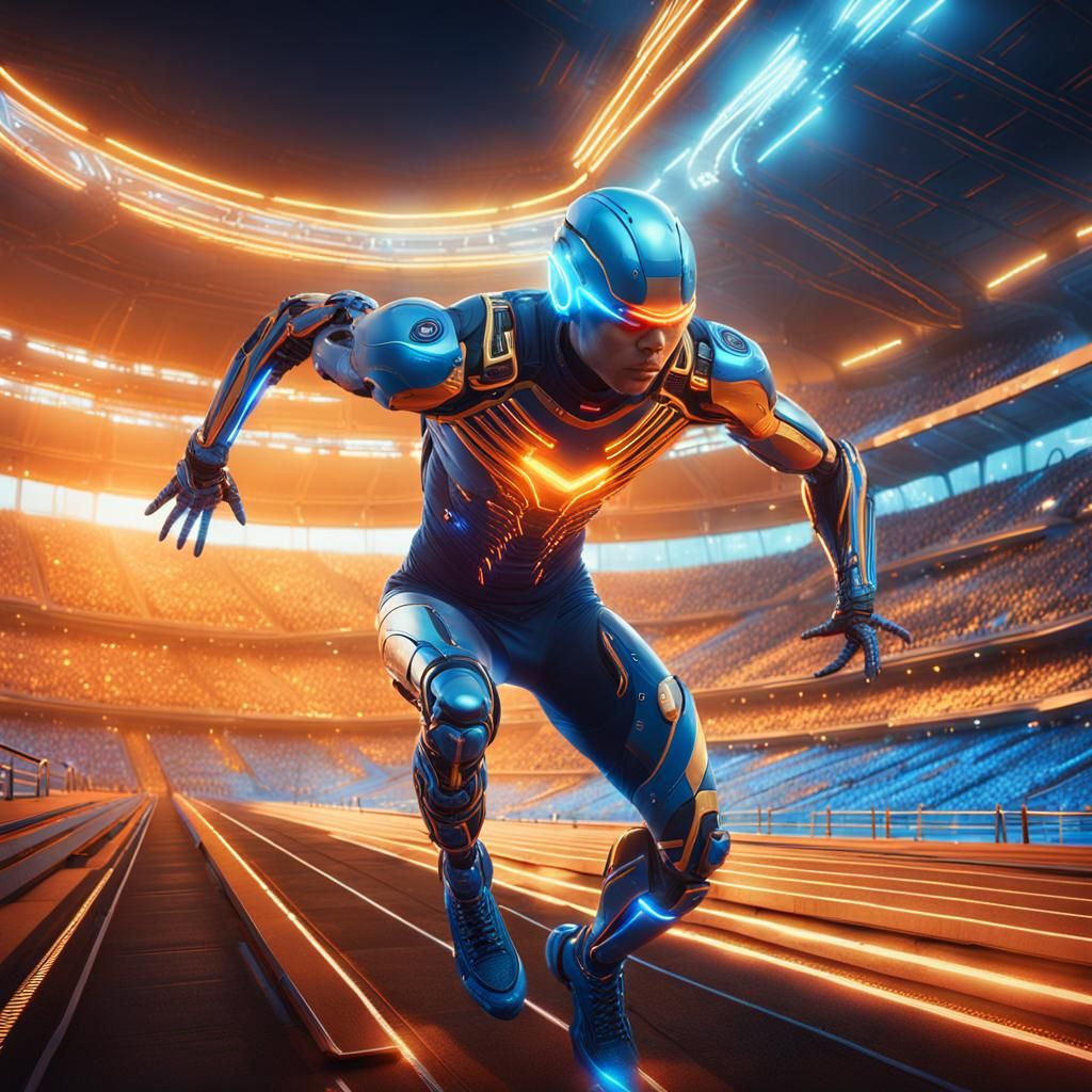 Cyborg Sprinter in Futuristic Stadium: Concept Art