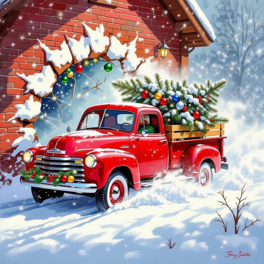 Festive Red Truck Smashes Through Snowy Wall