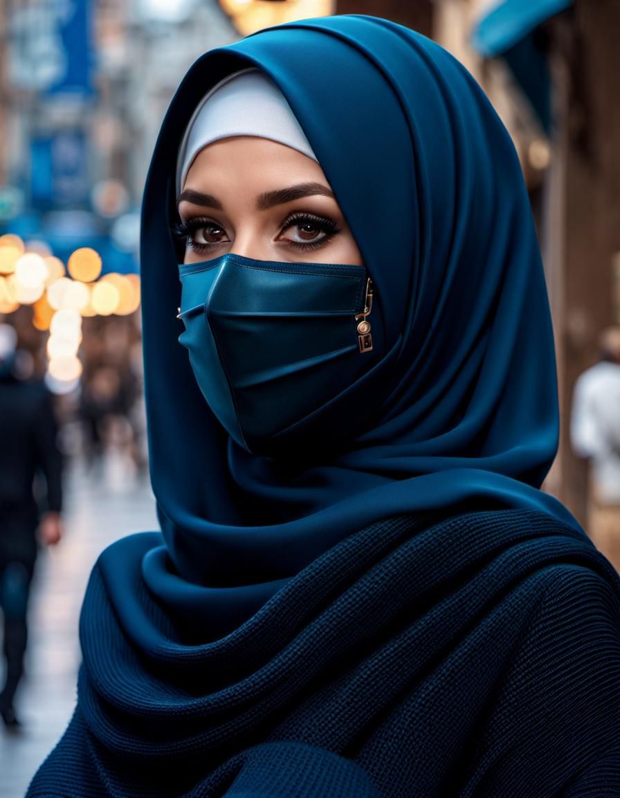 Beautiful Hijabi Character with Mask in City