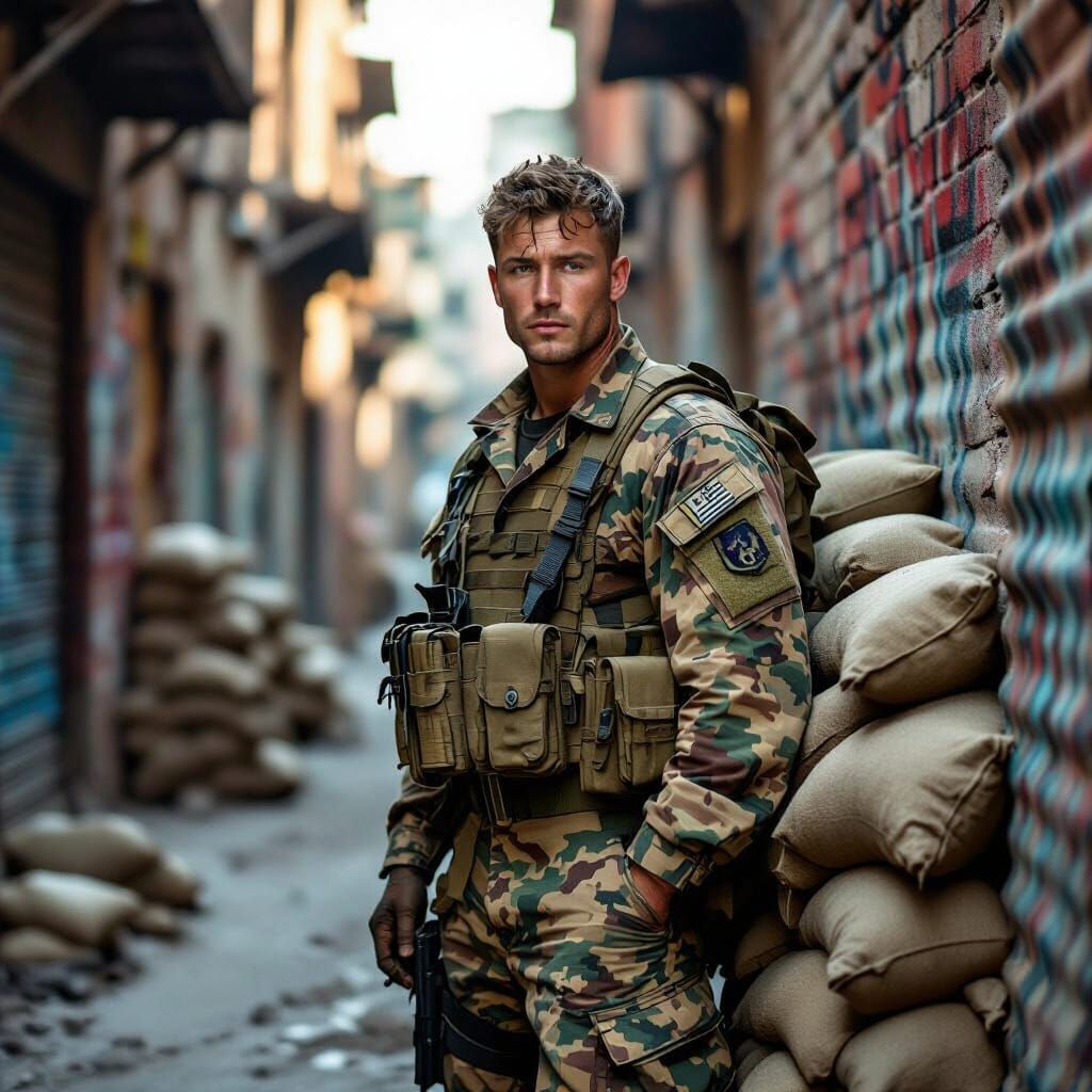 Paratrooper on Solitary Watch in Urban Alleyway