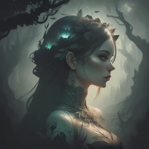 Woman's Face Silhouetted Against Banyan Tree Trunk