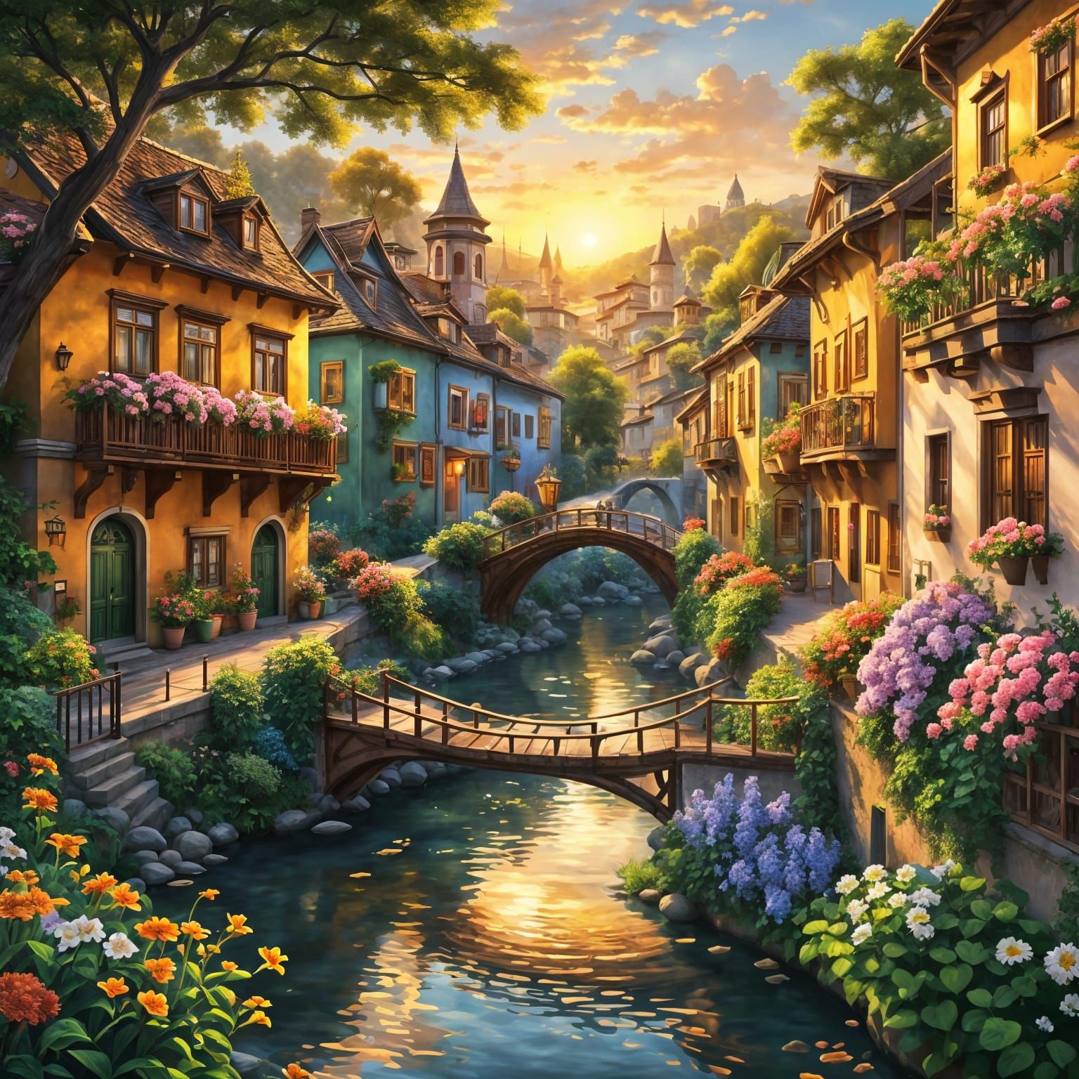 Picturesque Flowery Town Sunrise Over River
