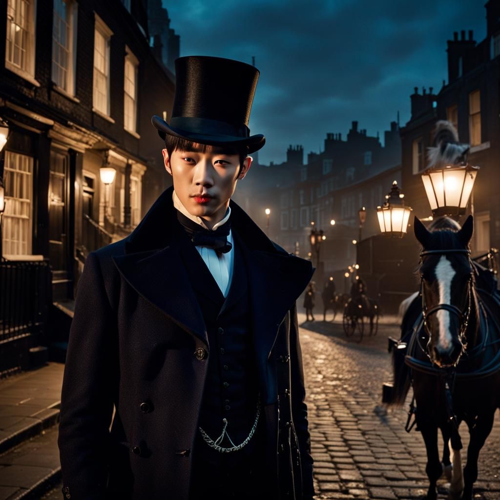 Actor Seo Kang Joon is a vampire standing on a gaslit Victorian London street. He is dressed like a gentleman but his fa...
