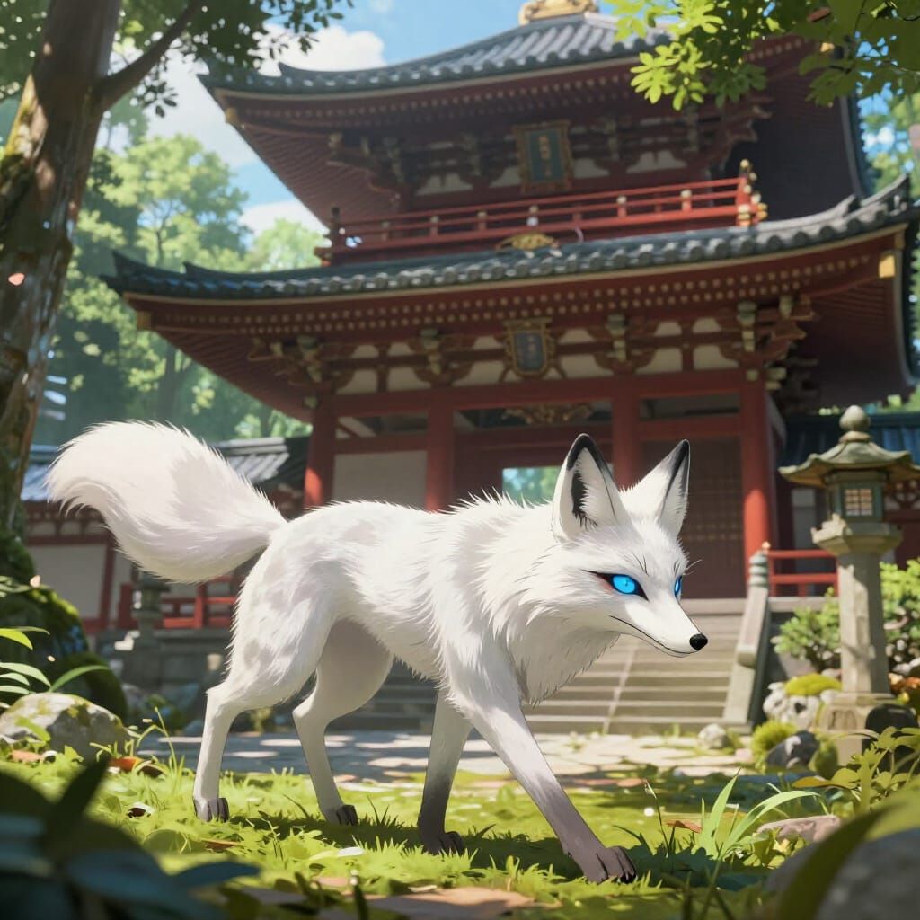 White Fox Roams Serene Japanese Temple in 3D Anime Style