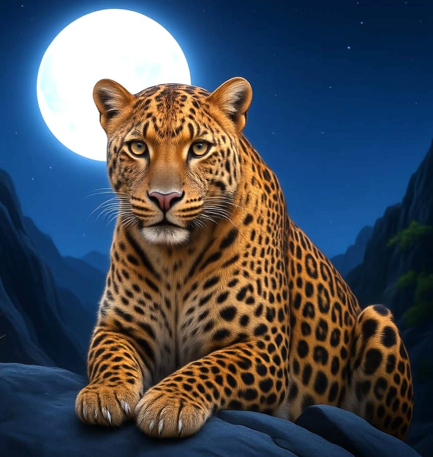 Tawny Leopard in Moonlight on Rock