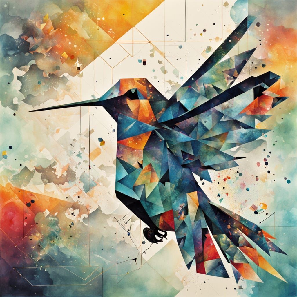Ethereal Hummingbird in Cubist Abstract Watercolor