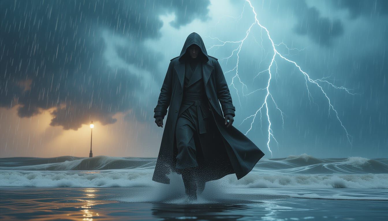 Dramatic Figure in Summer Storm: Action Painting Style