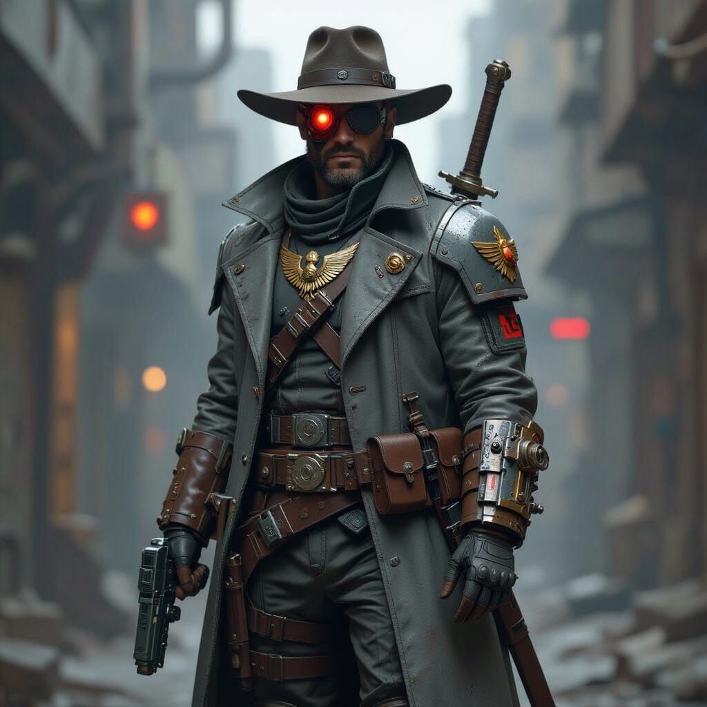 Grizzled Rogue Trader in Dystopian Sci-Fi Environment