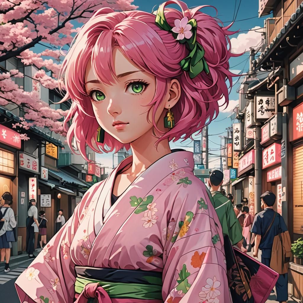 Anime Girl in Kimono, 90's Osaka, Cel-Shaded Style