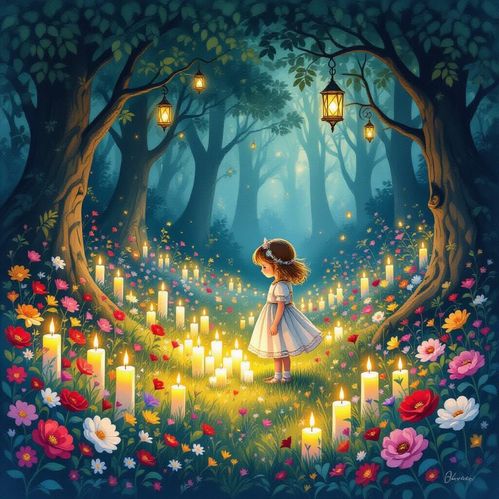 Enchanting Girl in Candlelit Forest with Blooming Flowers