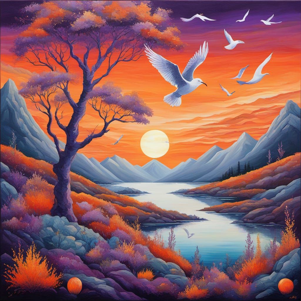 Cosmic Purple Mist Sunset Over Mountains