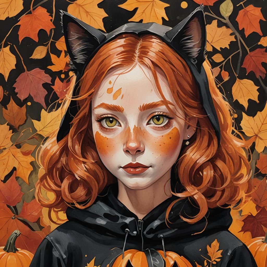 Girl as Black Cat in Folk Art Style Gouache Painting