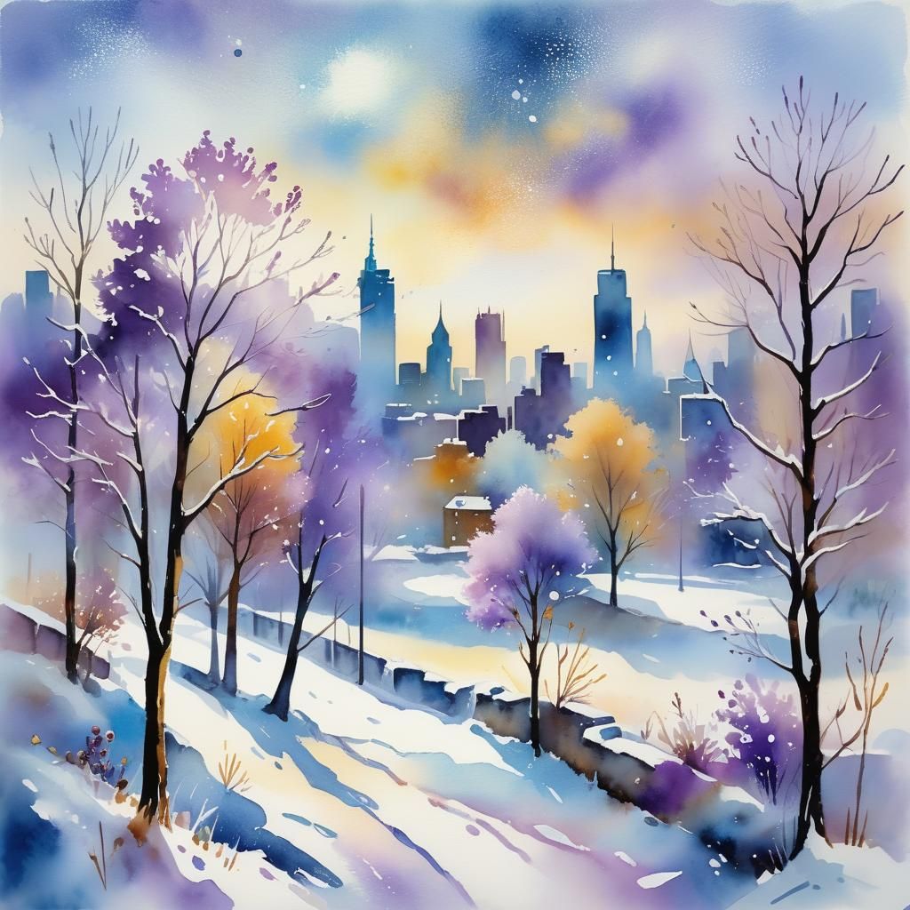 Winter City Skyline in Impressionist Brushstrokes