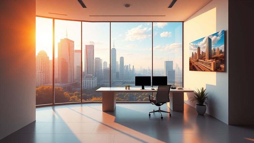 Sleek Modern Office with City View in Evening Light