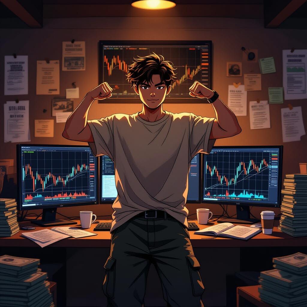 Forex Trader Flexing Success in Moody Trading Room