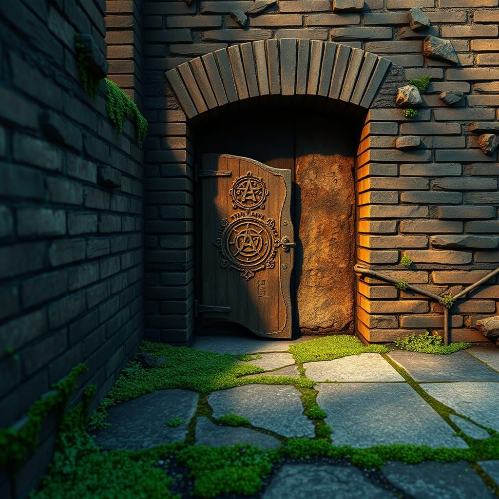 Mysterious Brick Wall with Ancient Secret Door