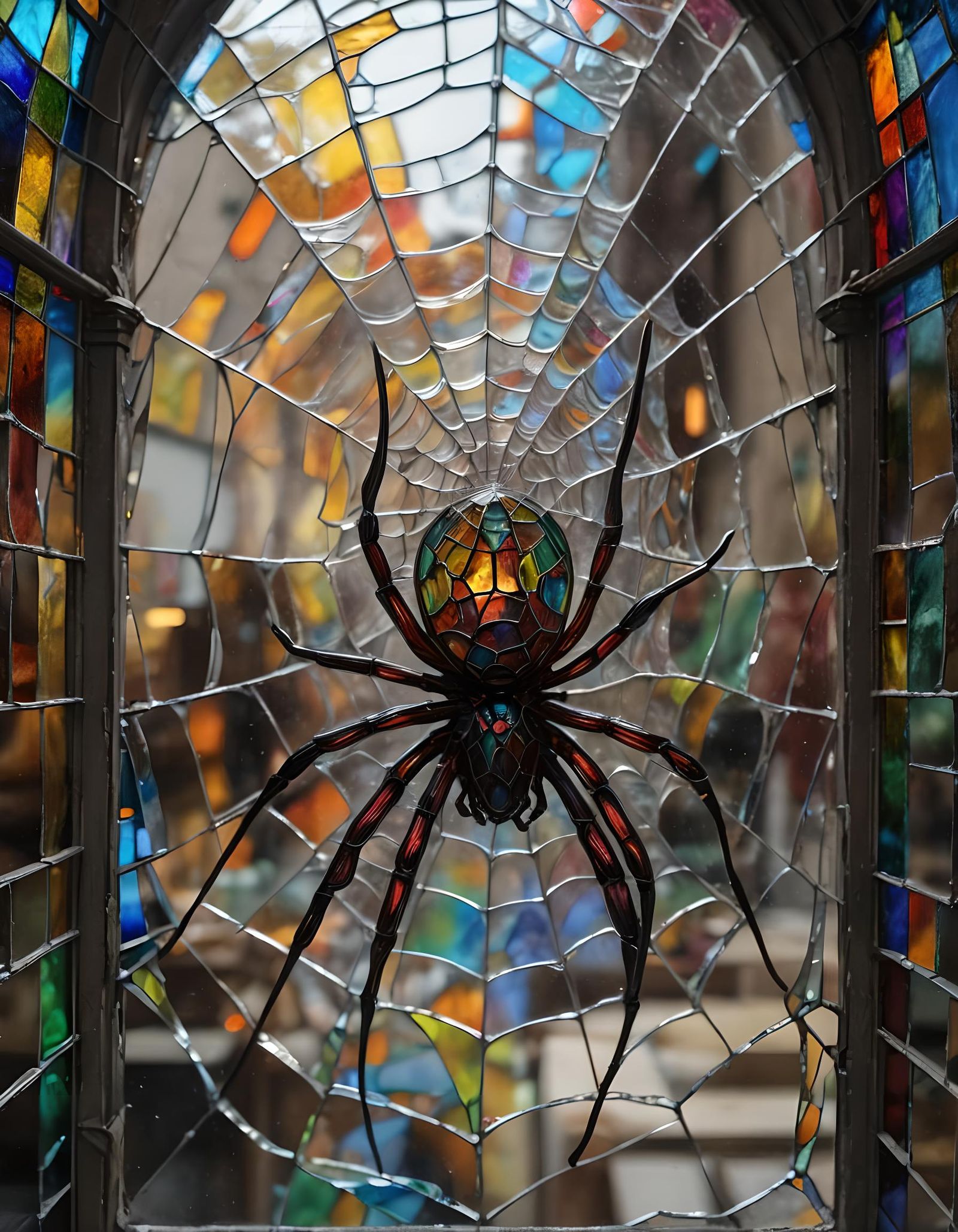 Glass Spider on Stained Glass Window in 3D