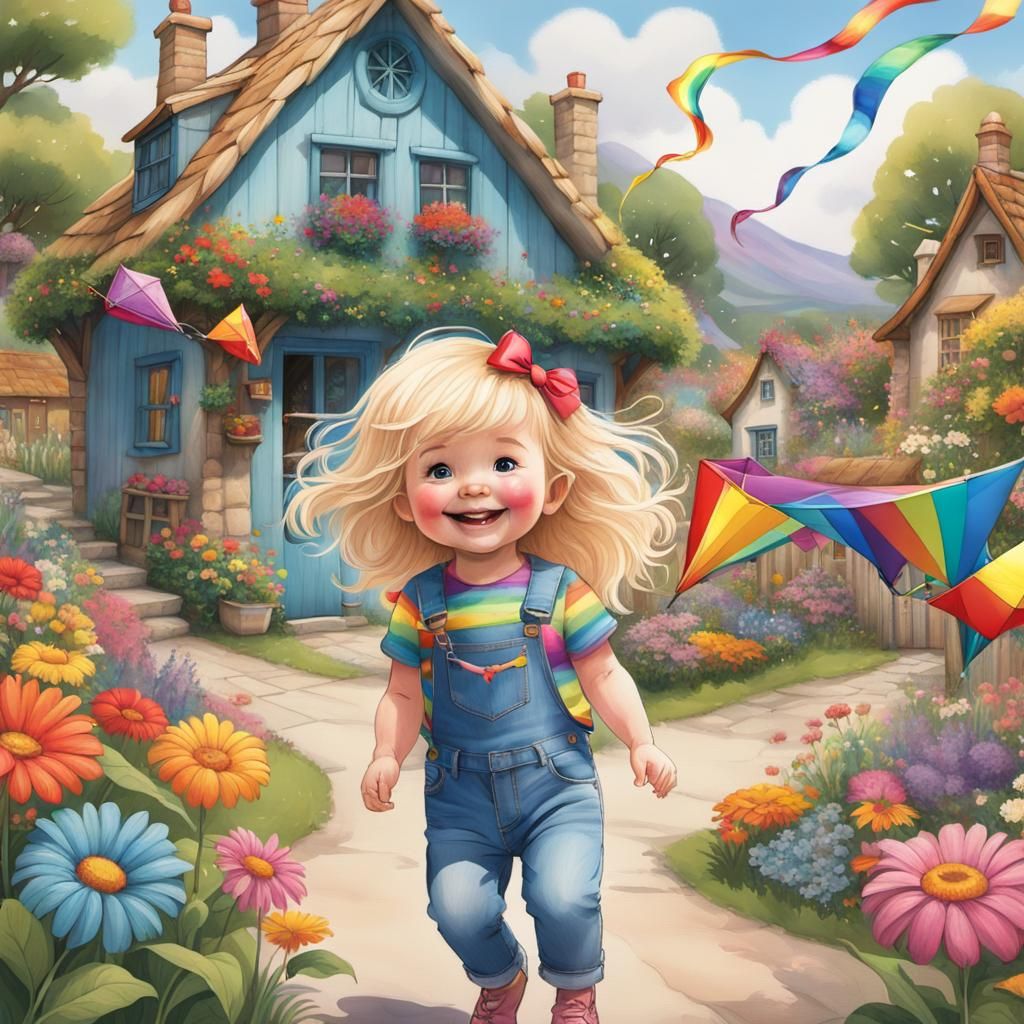 Toddler with Kite in Whimsical Flower Garden