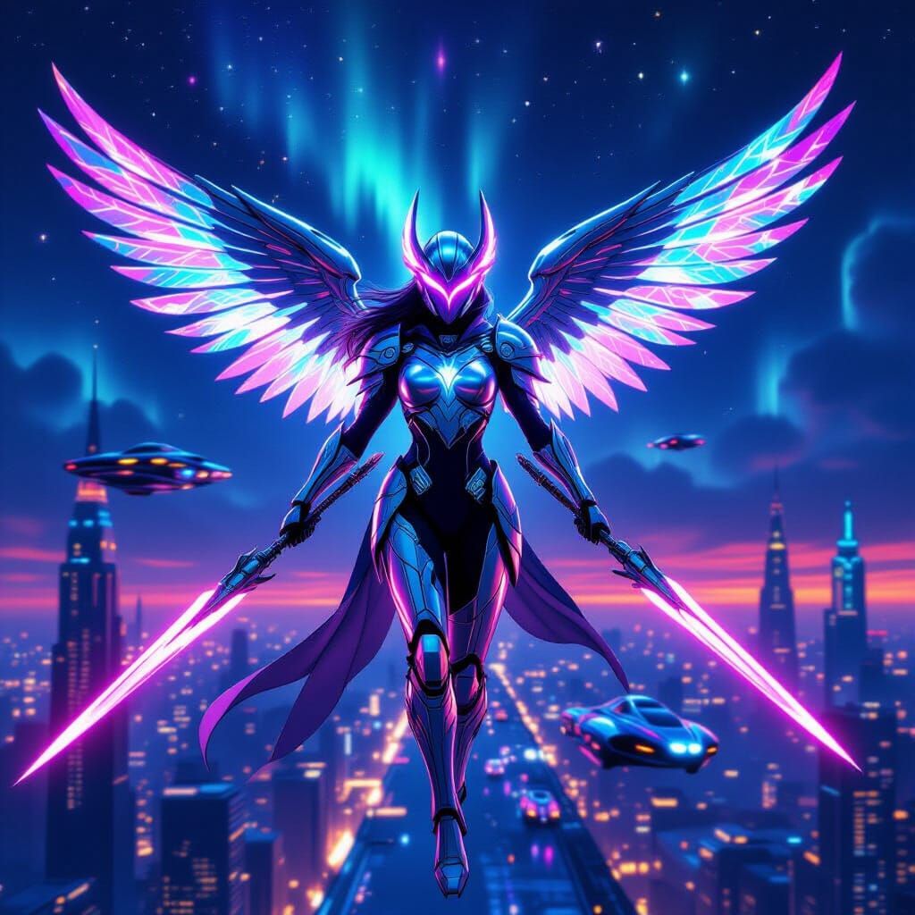 Holographic Valkyrie in Futuristic Neon City