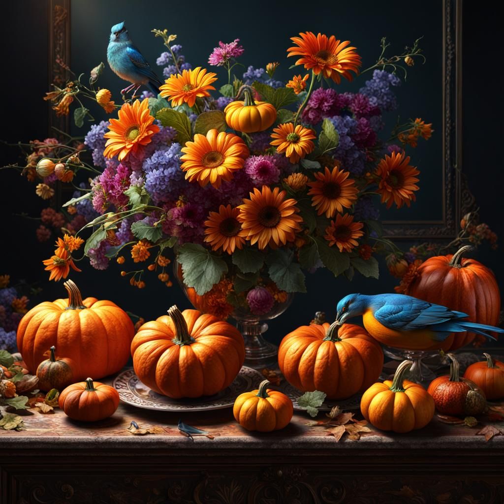 Italian Still Life: Flowers, Birds, Pumpkins in Splash Art