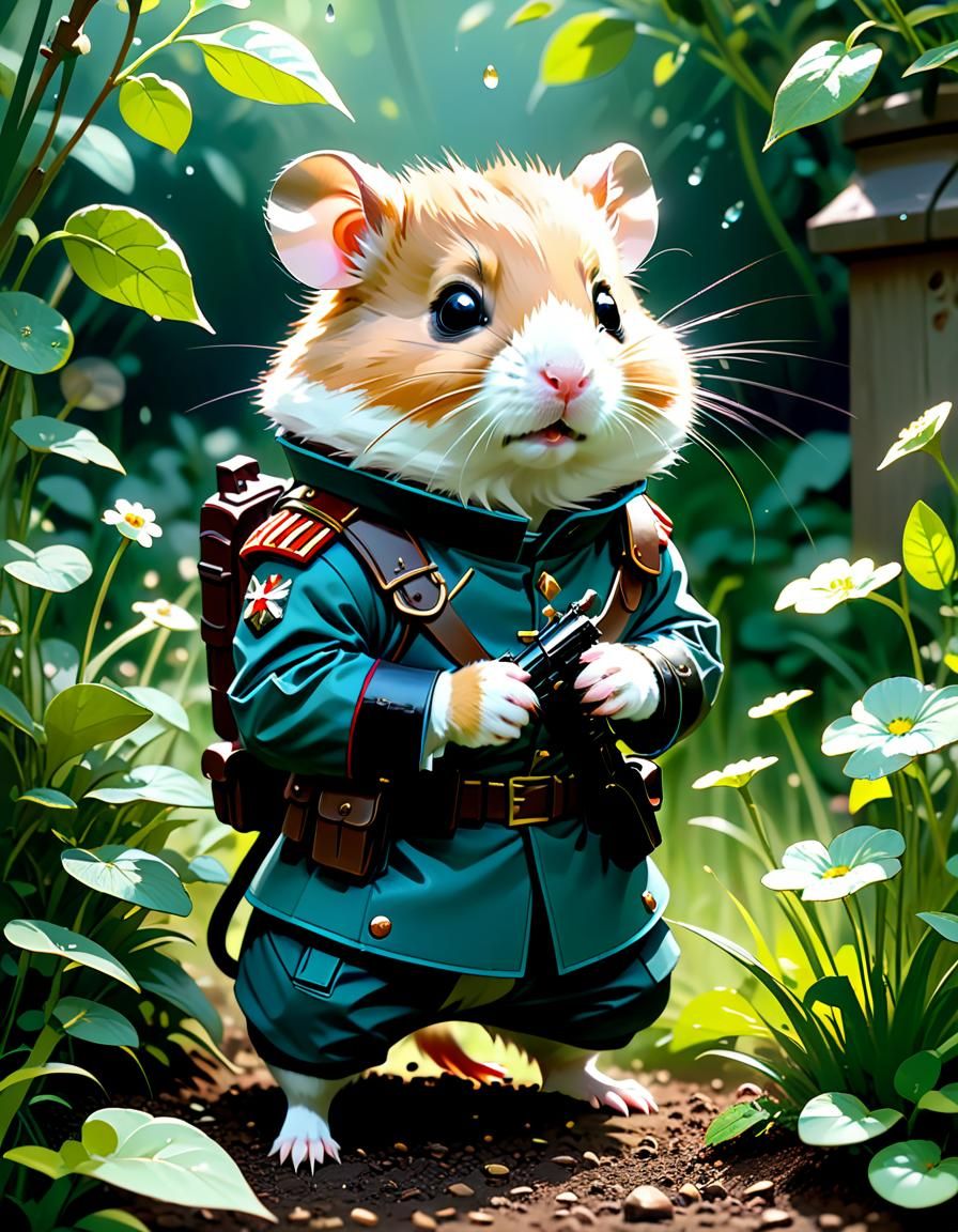 Adorable Hamster Soldier in Garden, Digital Art