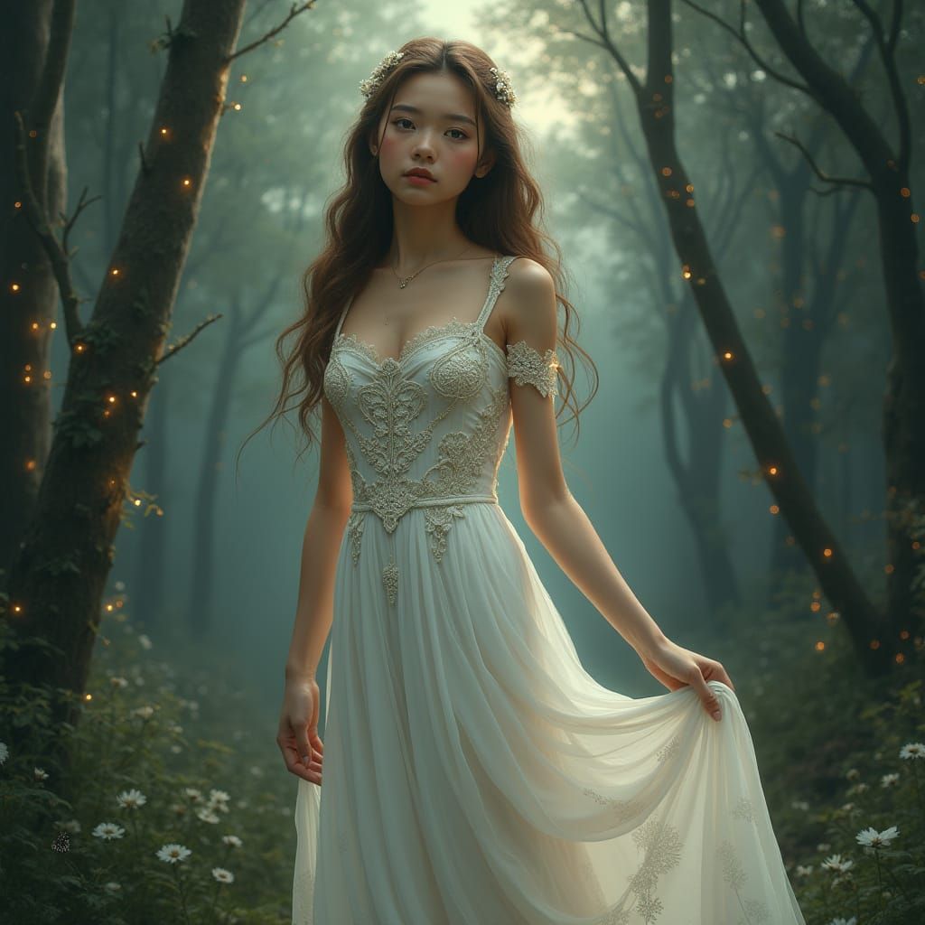 Serene Woman in Dreamy Forest, with Fairy Lights