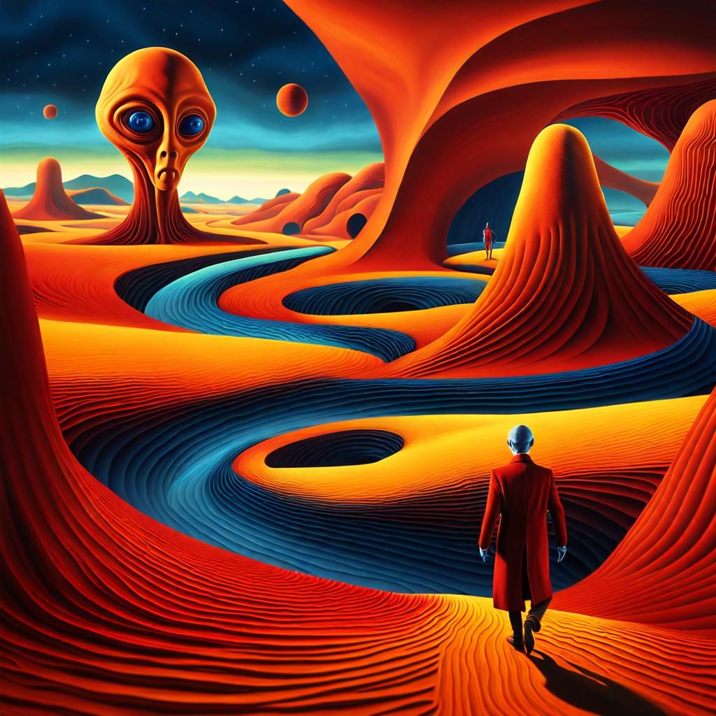 Anthropomorphic Alien in Surreal Dreamscape Painting