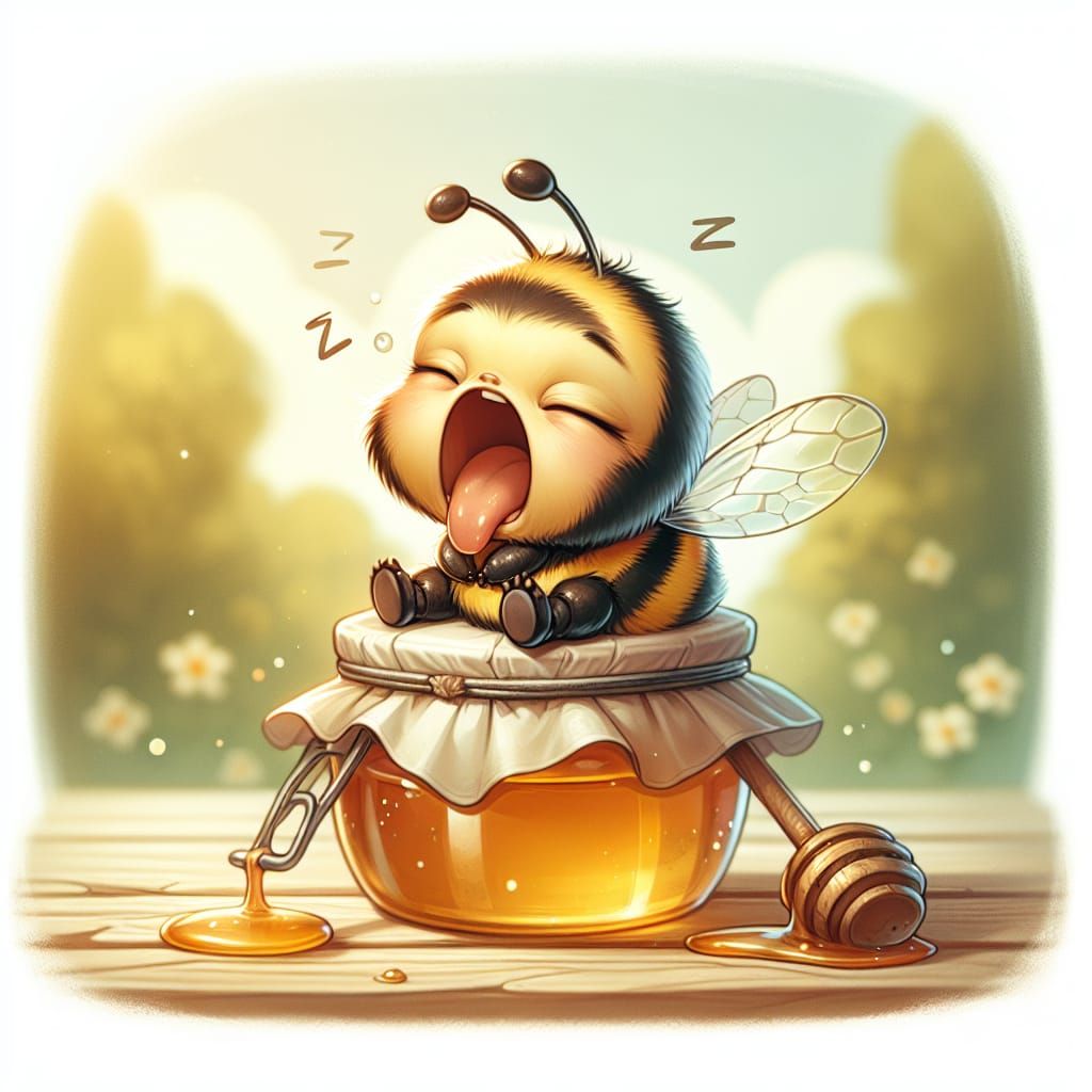 Sleepy Bumblebee's Honey Jar Nap: Nostalgic Illustration