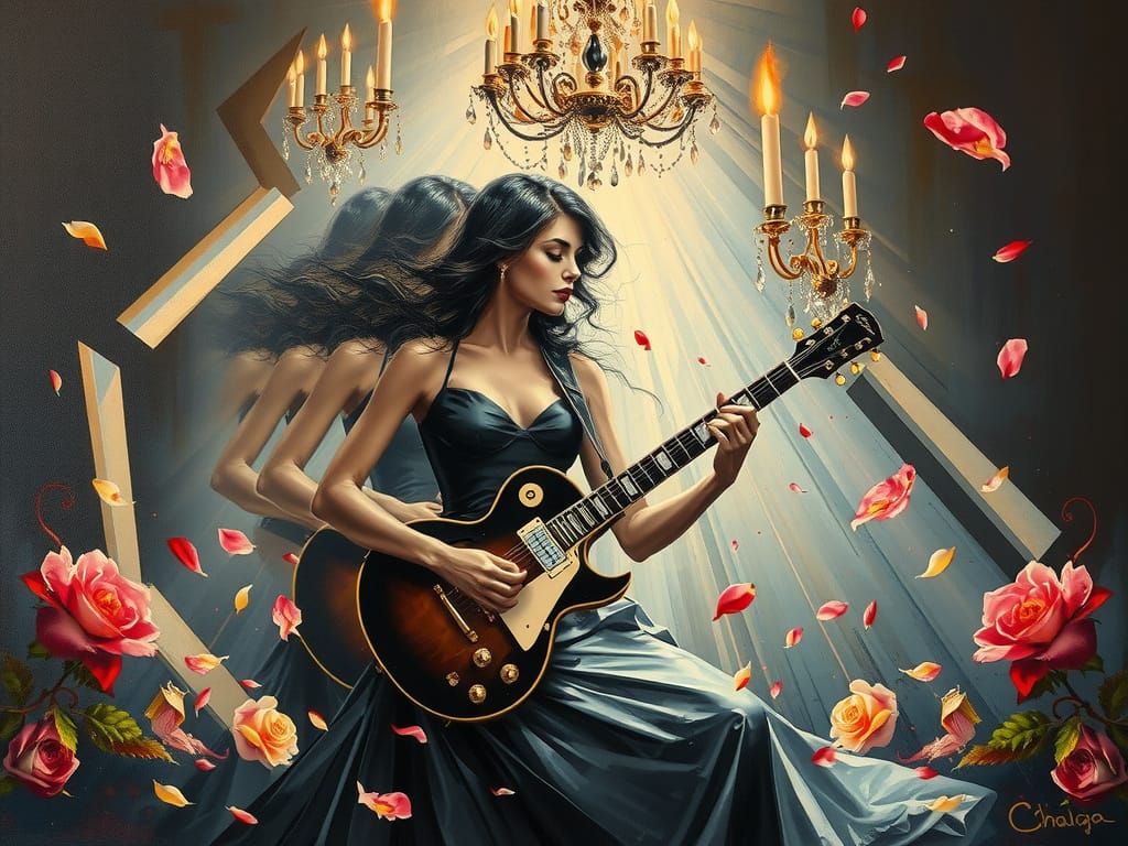 Kinetic Woman Playing Guitar in Futurist Oil Painting