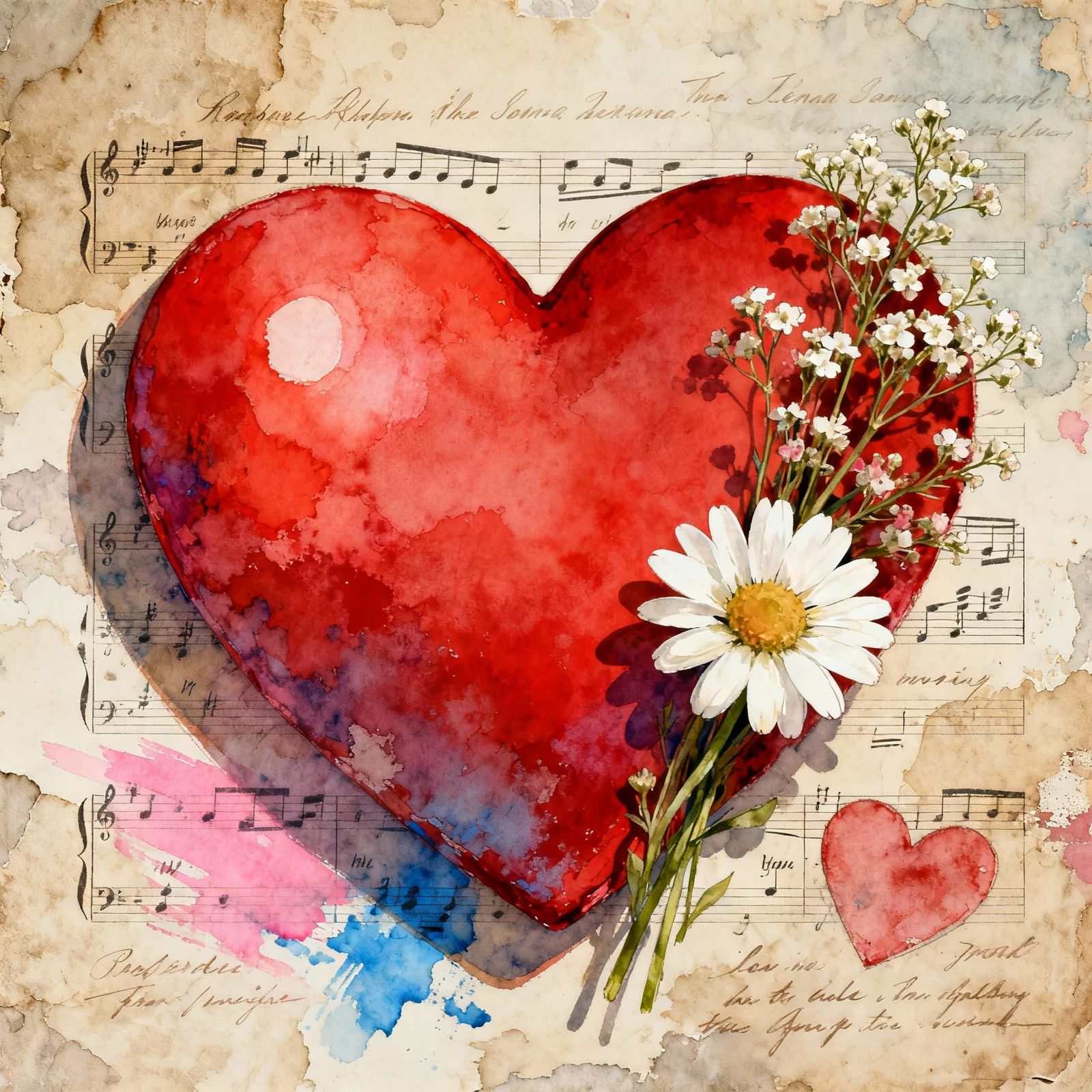 Textured Red Heart Collage with Wildflowers