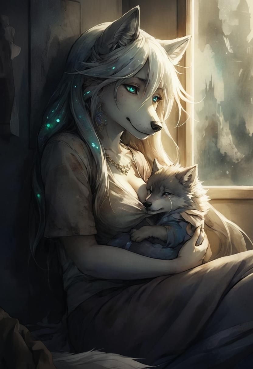 Wolf Mother and Pup in Dreamlike Anime Art