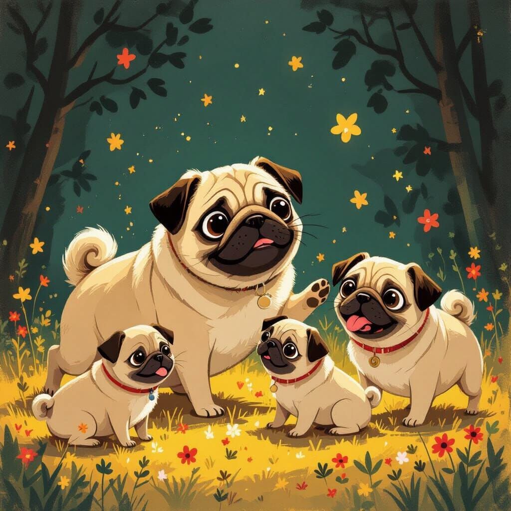 Whimsical Pug Steals Other Pugs in Children's Book Style