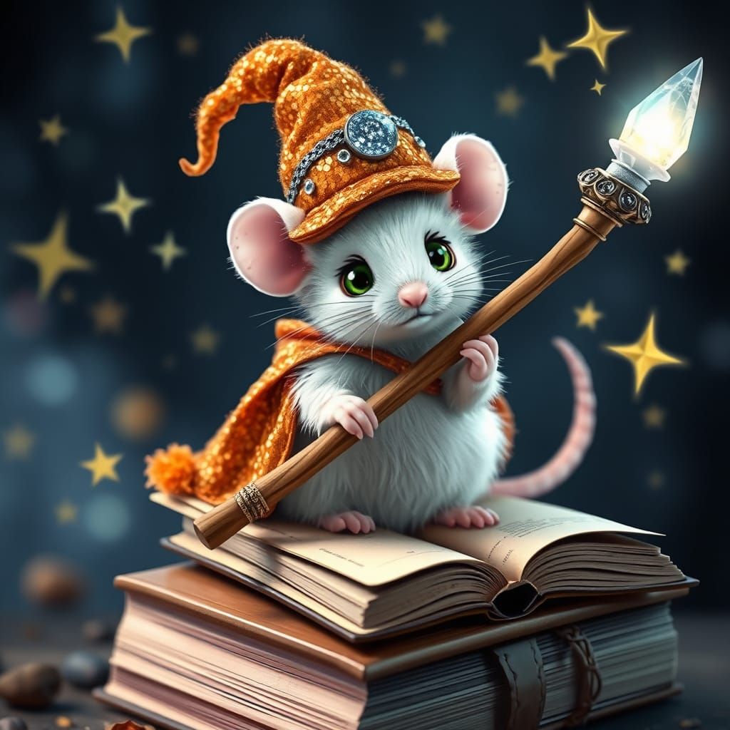 Mouse Wizard with Magic Staff and Spell Books