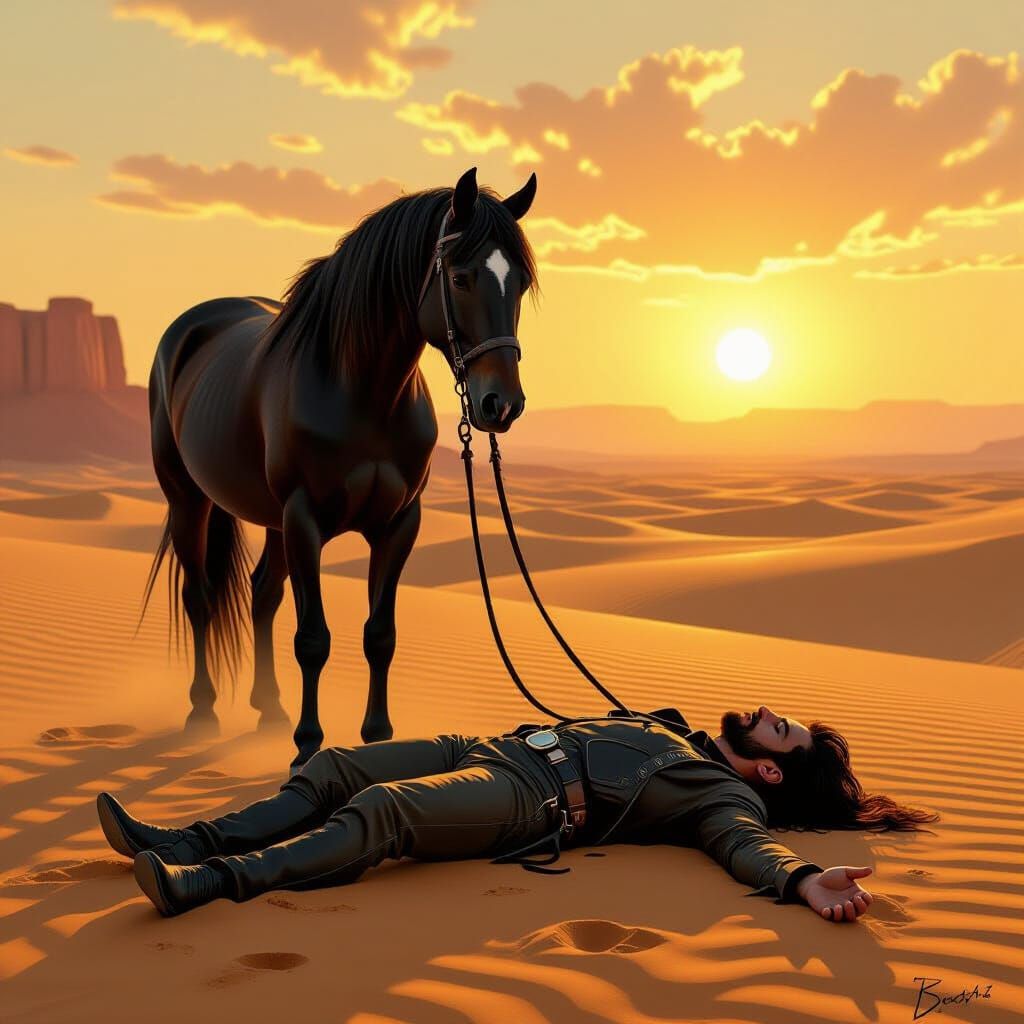 Ebony Stallion and Fallen Rider in Desert