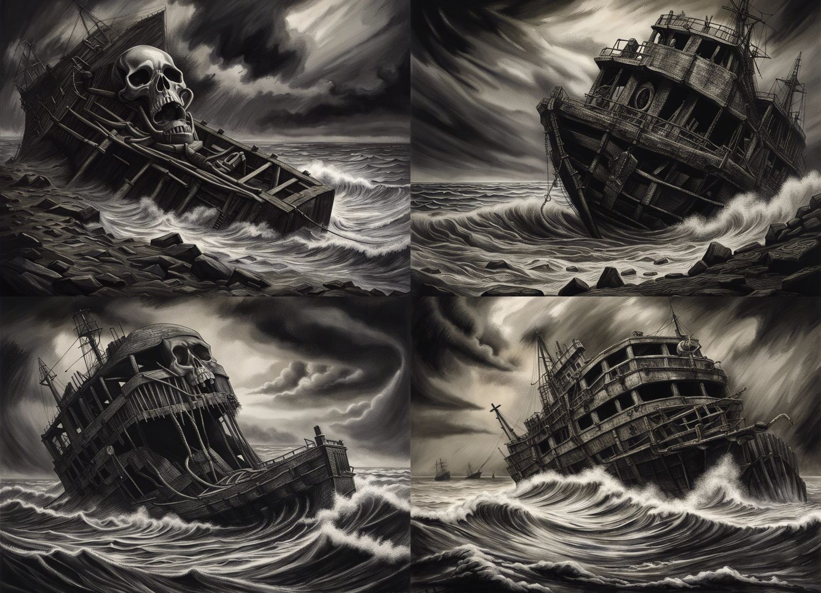 Skull Island Shipwreck: Hyperrealistic Charcoal Drawing
