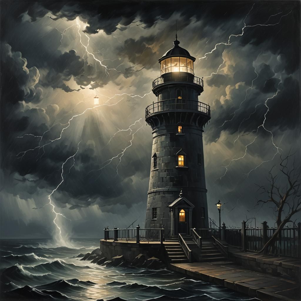Eerie Ghost in Lighthouse, Dark Academic Painting