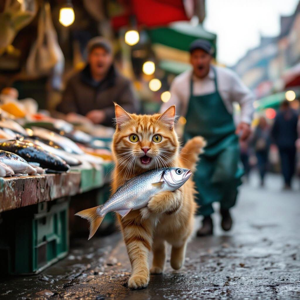 Frightened Cat Flees Market With Stolen Fish