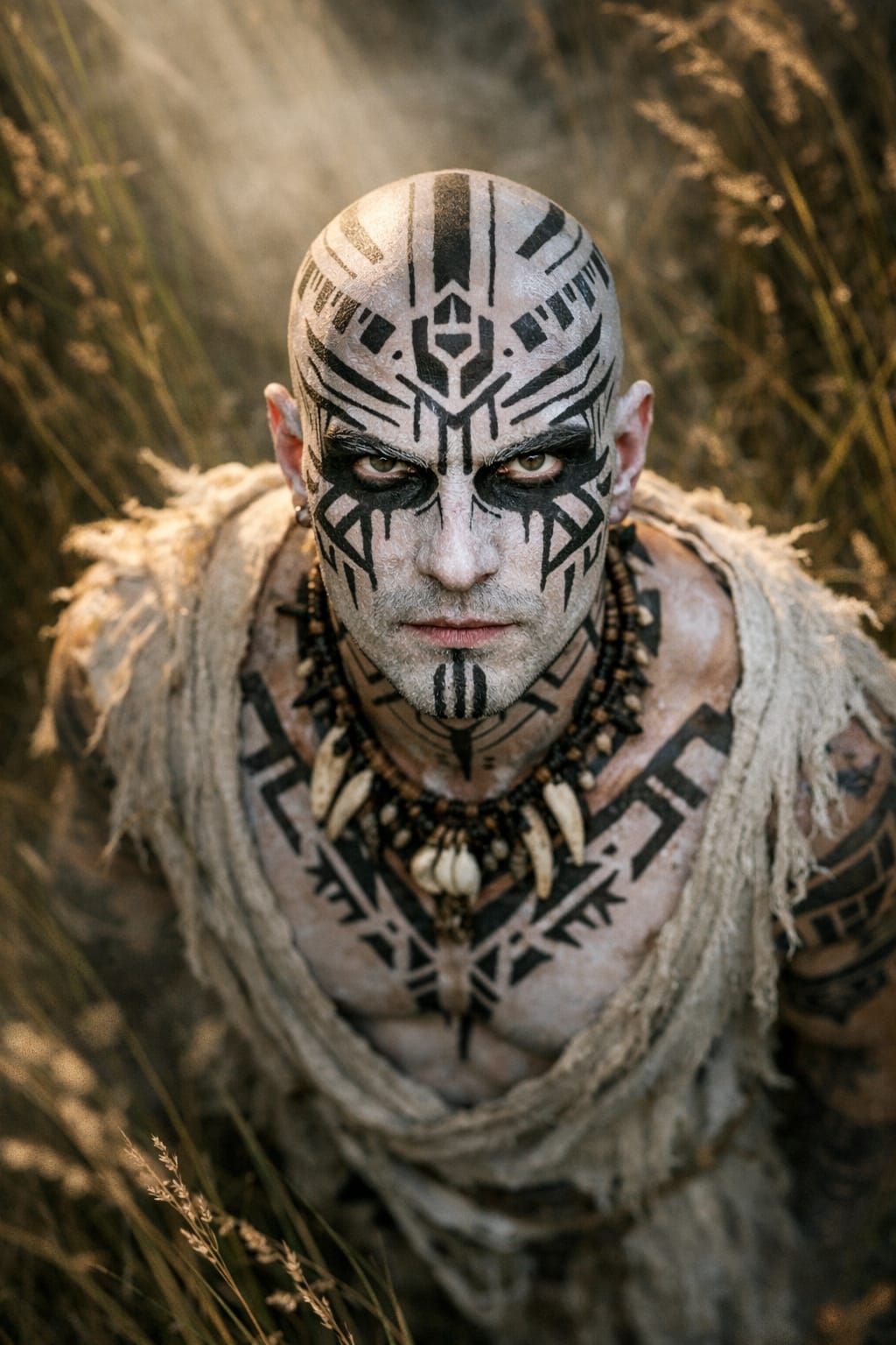 Tribal Shaman Gazes Skyward in Dramatic Ritual Scene