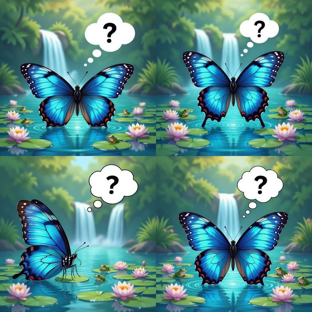 Confused Blue Morpho Butterfly with Waterfall Background